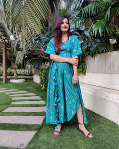 GREEN GEOMETRIC PRINT LONG JACKET WITH NOODLE STRAP BUSTIER AND DHOTI PANTS