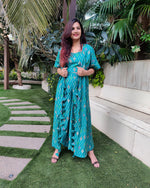 Load image into Gallery viewer, GREEN GEOMETRIC PRINT LONG JACKET WITH NOODLE STRAP BUSTIER AND DHOTI PANTS
