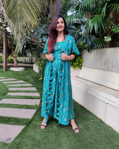 GREEN GEOMETRIC PRINT LONG JACKET WITH NOODLE STRAP BUSTIER AND DHOTI PANTS