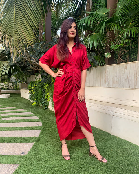 RED LONG SHIRT DRAPE DRESS