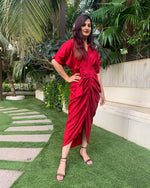 Load image into Gallery viewer, RED LONG SHIRT DRAPE DRESS

