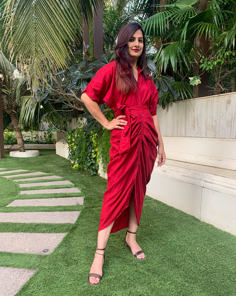 RED LONG SHIRT DRAPE DRESS