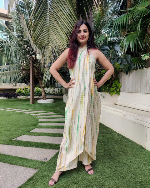OFF WHITE YELLOW TIE AND DYE CROSS NECK TUBE JUMPSUIT