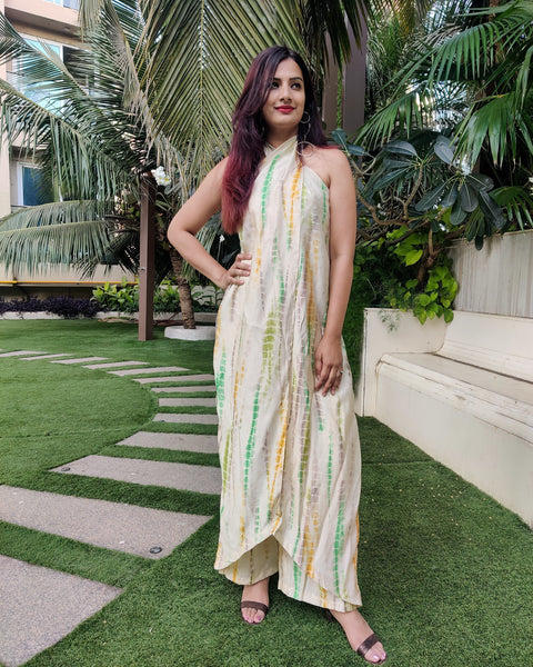 OFF WHITE YELLOW TIE AND DYE CROSS NECK TUBE JUMPSUIT