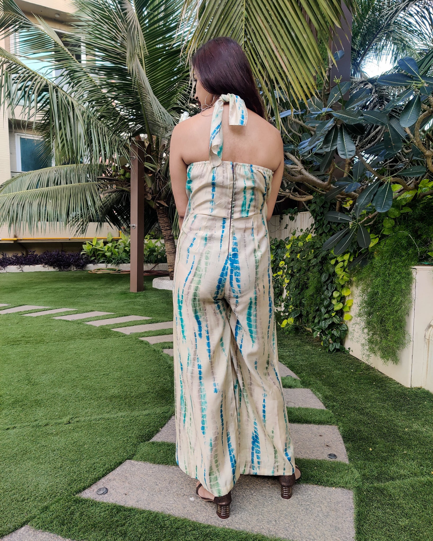 OFF WHITE BLUE TIE AND DYE CROSS NECK TUBE JUMPSUIT