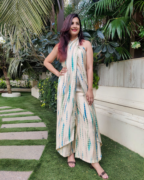 OFF WHITE BLUE TIE AND DYE CROSS NECK TUBE JUMPSUIT