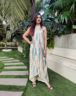 Load image into Gallery viewer, OFF WHITE BLUE TIE AND DYE CROSS NECK TUBE JUMPSUIT
