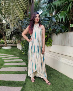 OFF WHITE BLUE TIE AND DYE CROSS NECK TUBE JUMPSUIT