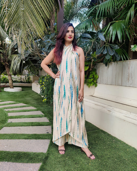OFF WHITE BLUE TIE AND DYE CROSS NECK TUBE JUMPSUIT