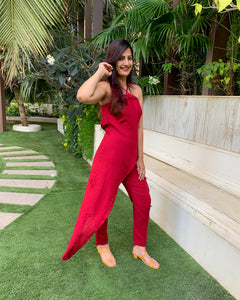 RED WRAP AROUND WITH CROSSOVER STRAP JUMPSUIT