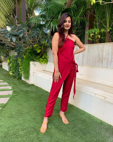 RED WRAP AROUND WITH CROSSOVER STRAP JUMPSUIT
