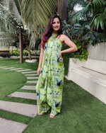 Load image into Gallery viewer, GREEN ABSTRACT HALTER NECK FLARED DRAPE JUMPSUIT
