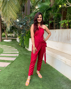 RED WRAP AROUND WITH CROSSOVER STRAP JUMPSUIT
