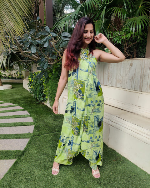 GREEN ABSTRACT HALTER NECK FLARED DRAPE JUMPSUIT
