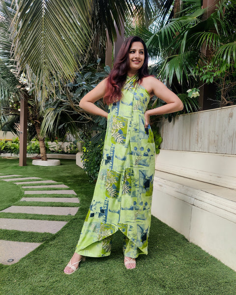 GREEN ABSTRACT HALTER NECK FLARED DRAPE JUMPSUIT