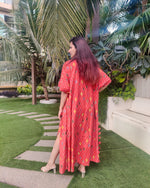 Load image into Gallery viewer, ORANGE GEOMETRIC PRINT LONG JACKET WITH NOODLE STRAP BUSTIER AND DHOTI PANTS
