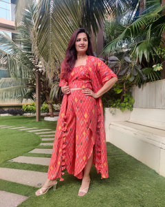 ORANGE GEOMETRIC PRINT LONG JACKET WITH NOODLE STRAP BUSTIER AND DHOTI PANTS