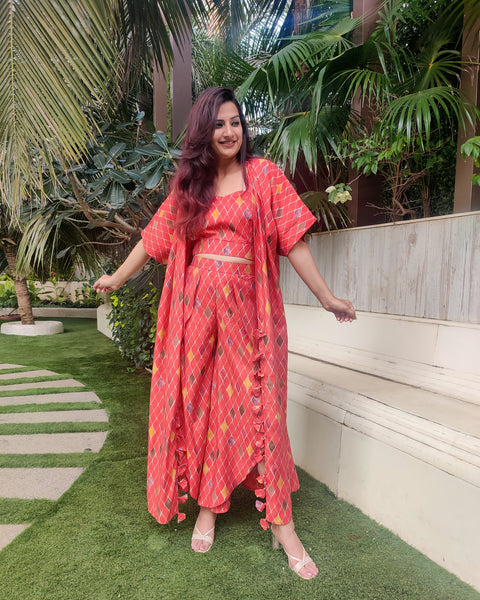 ORANGE GEOMETRIC PRINT LONG JACKET WITH NOODLE STRAP BUSTIER AND DHOTI PANTS