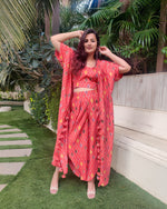 Load image into Gallery viewer, ORANGE GEOMETRIC PRINT LONG JACKET WITH NOODLE STRAP BUSTIER AND DHOTI PANTS

