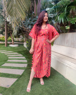 Load image into Gallery viewer, ORANGE GEOMETRIC PRINT LONG JACKET WITH NOODLE STRAP BUSTIER AND DHOTI PANTS
