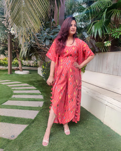ORANGE GEOMETRIC PRINT LONG JACKET WITH NOODLE STRAP BUSTIER AND DHOTI PANTS