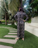 Load image into Gallery viewer, CHARCOAL ZIG-ZAG PRINTED SHELLED SKIRT SAREE WITH ATTACHED FRONT PALLU AND SHIRT BLOUSE
