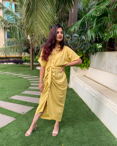 LIME YELLOW LONG SHIRT DRAPE DRESS