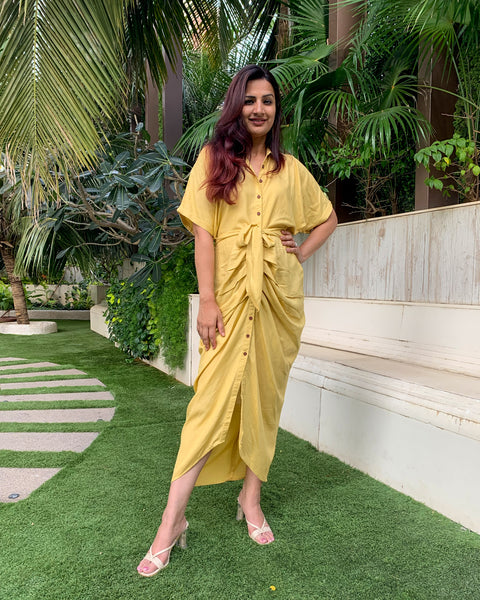 LIME YELLOW LONG SHIRT DRAPE DRESS