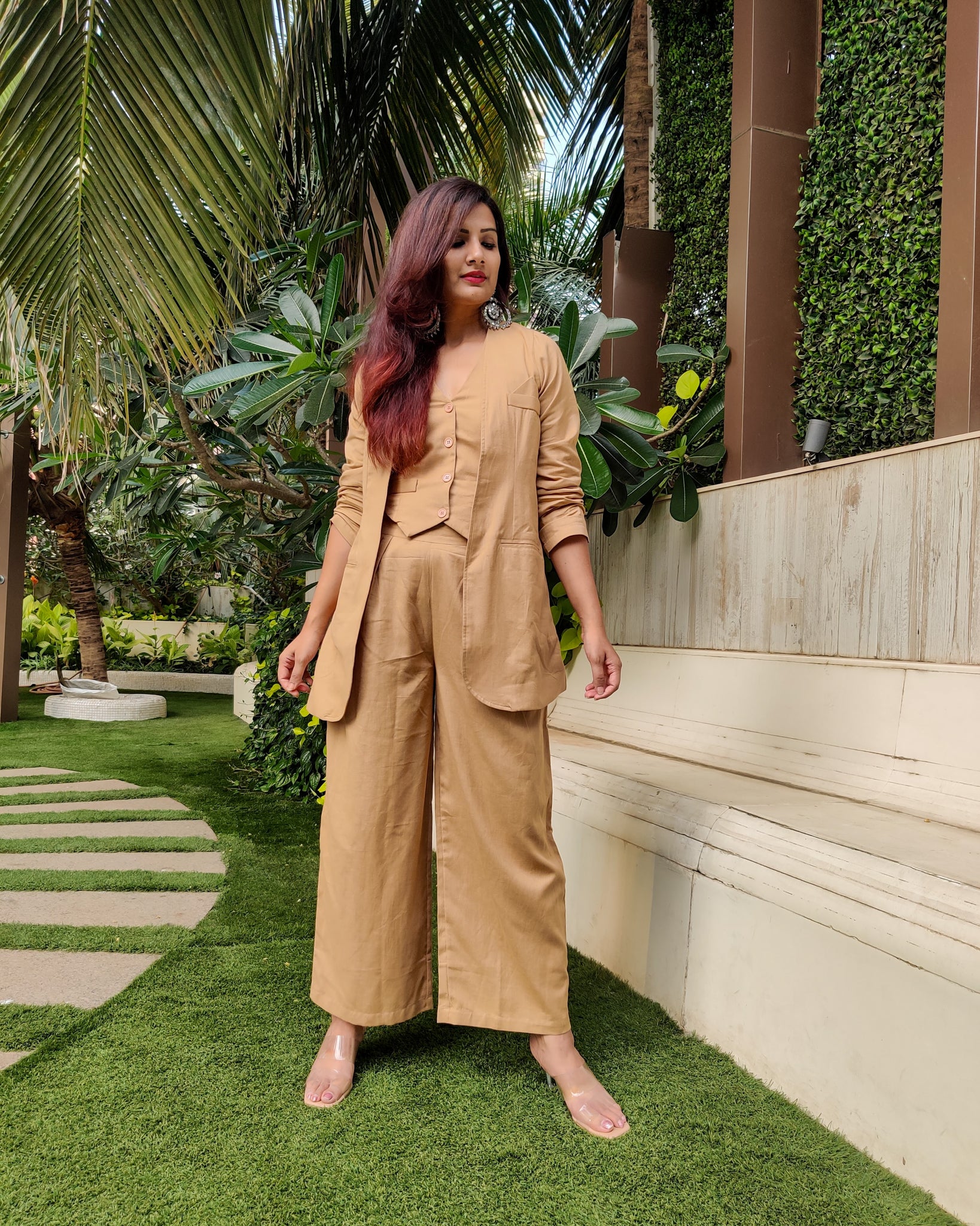 FAWN BELL-BOTTOM PANT WITH HALTER VEST COAT AND LONG BLAZER