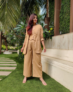 FAWN BELL-BOTTOM PANT WITH HALTER VEST COAT AND LONG BLAZER