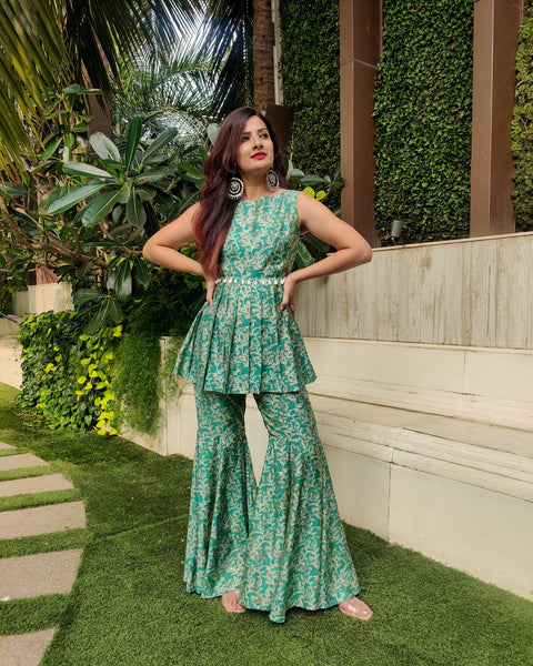 Buy Dark Green Glitter Floral Printed Kurta With Sharara Pants And Pink  Dupatta Online  Shop for W