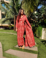 Load image into Gallery viewer, RED ZIG-ZAG PRINTED SHELLED SKIRT SAREE WITH ATTACHED FRONT PALLU AND SHIRT BLOUSE
