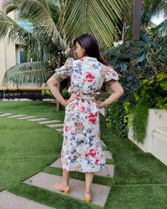 #FRILLZONE - IVORY FLORAL PRINTED PUFF SLEEVES LONG SHIRT DRESS
