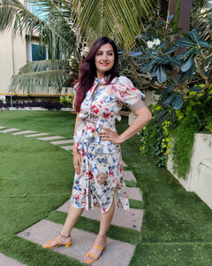 #FRILLZONE - IVORY FLORAL PRINTED PUFF SLEEVES LONG SHIRT DRESS