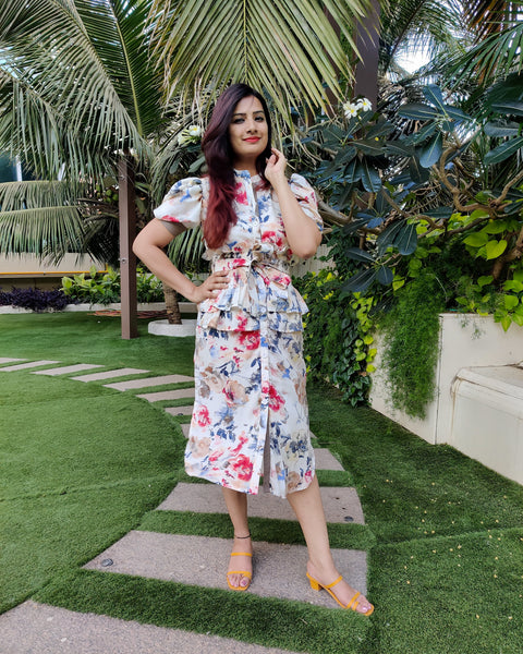 #FRILLZONE - IVORY FLORAL PRINTED PUFF SLEEVES LONG SHIRT DRESS