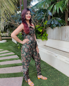 #WRAPMEUP - GREEN FLORAL WRAP AROUND WITH CROSSOVER STRAP JUMPSUIT