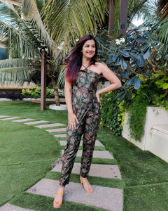#WRAPMEUP - GREEN FLORAL WRAP AROUND WITH CROSSOVER STRAP JUMPSUIT