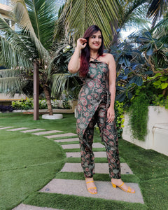 #WRAPMEUP - GREEN FLORAL WRAP AROUND WITH CROSSOVER STRAP JUMPSUIT