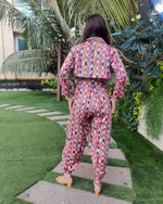 Load image into Gallery viewer, GEO PRINT ATTACHED SHORT JACKET DHOTI PANTS JUMPSUIT WITH BELT
