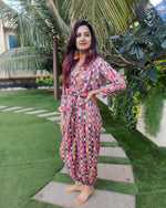 Load image into Gallery viewer, GEO PRINT ATTACHED SHORT JACKET DHOTI PANTS JUMPSUIT WITH BELT
