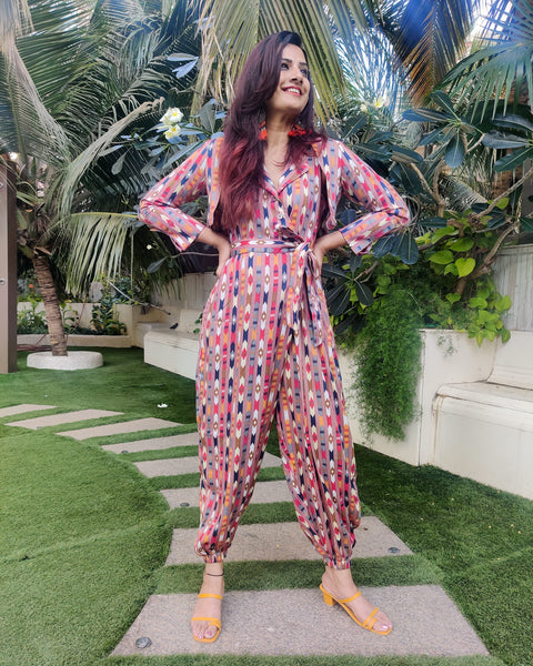 GEO PRINT ATTACHED SHORT JACKET DHOTI PANTS JUMPSUIT WITH BELT