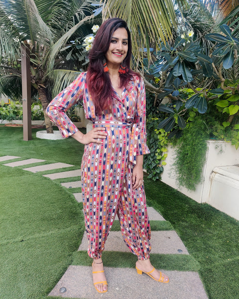 GEO PRINT ATTACHED SHORT JACKET DHOTI PANTS JUMPSUIT WITH BELT