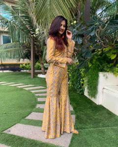 YELLOW GEO ETHNIC PRINTED JACKET TOP WITH SHARARA PANTS