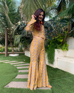 Load image into Gallery viewer, YELLOW GEO ETHNIC PRINTED JACKET TOP WITH SHARARA PANTS
