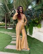 Load image into Gallery viewer, YELLOW GEO ETHNIC PRINTED JACKET TOP WITH SHARARA PANTS
