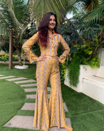 Load image into Gallery viewer, YELLOW GEO ETHNIC PRINTED JACKET TOP WITH SHARARA PANTS
