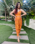Load image into Gallery viewer, ABSTRACT PRINT GOLD FOILED PLEATED NOODLE STRAP BUSTIER AND DHOTI PANTS
