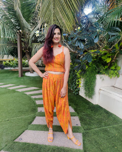 ABSTRACT PRINT GOLD FOILED PLEATED NOODLE STRAP BUSTIER AND DHOTI PANTS