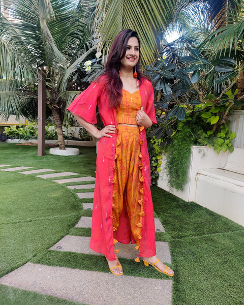 ABSTRACT PRINT GOLD FOILED LONG JACKET WITH NOODLE STRAP BUSTIER AND DHOTI PANTS