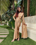 Load image into Gallery viewer, YELLOW FLORAL PRINTED SHELLED SKIRT SAREE WITH ATTACHED FRONT PALLU AND SHIRT BLOUSE
